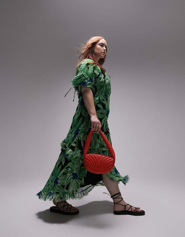 Topshop Curve lace up back occasion midi dress with raw seams in green  floral print