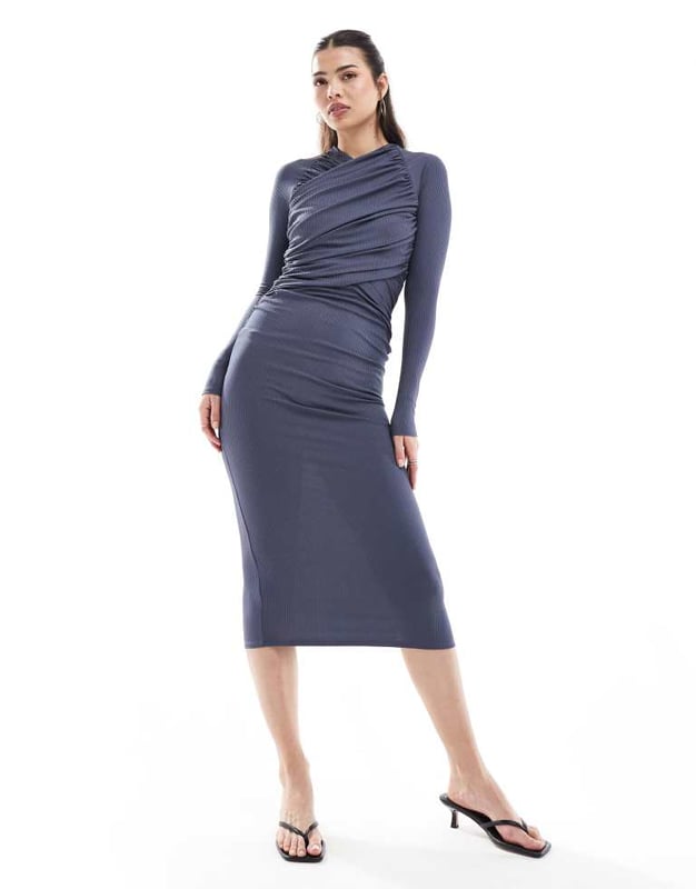 ASOS DESIGN ribbed wrap bodice maxi dress with long sleeve in grey