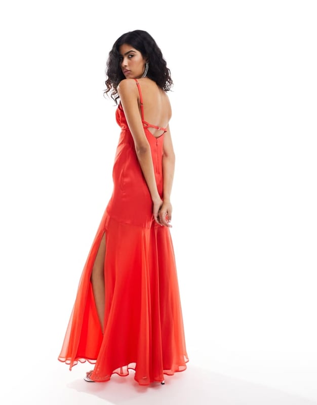 ASOS DESIGN chiffon corset detail satin bias maxi dress with cut out in red -Multi