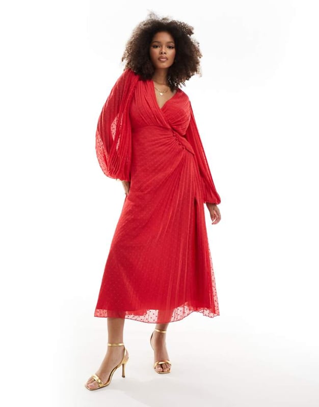 open lace back dress Rent ASOS DESIGN Plisse Fallen Shoulder Midi Dress In Rust main image 1
