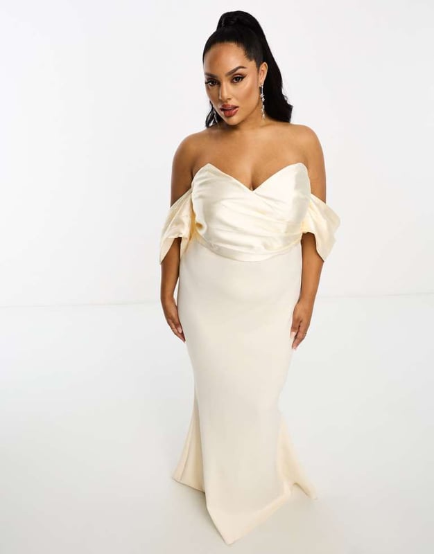 ASOS DESIGN Curve satin bandeau off shoulder bodycon maxi dress with  exaggerated sleeves in cream-Neutral
