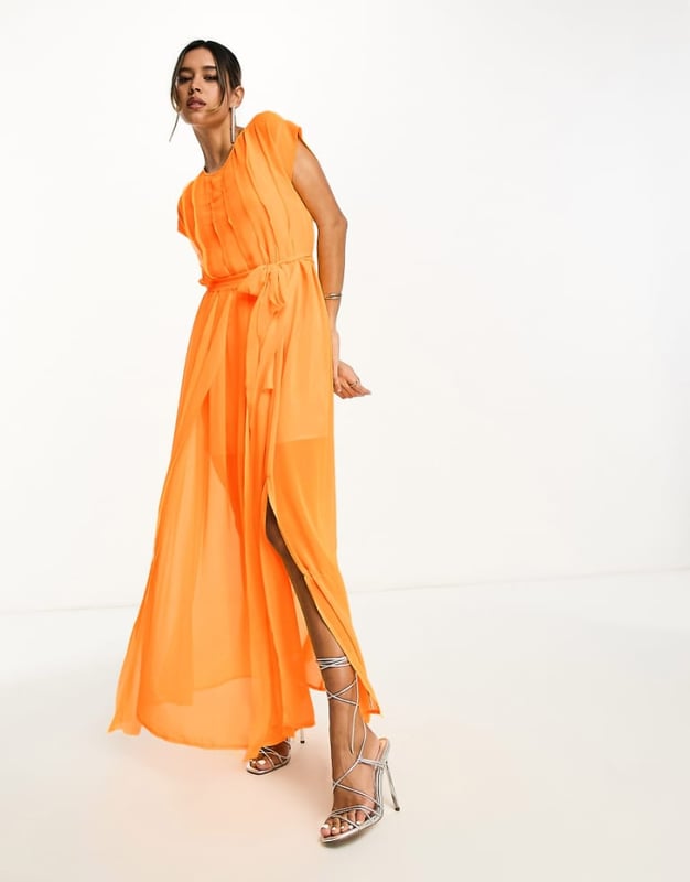 Asos Neon High Neck Dress ASOS DESIGN Pleated Raw Edge Maxi Dress