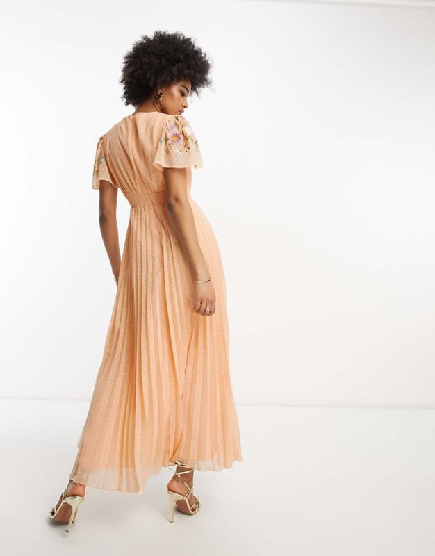 ASOS DESIGN Tall pleated dobby cowl front embroidered maxi dress with belt  in coral-Orange