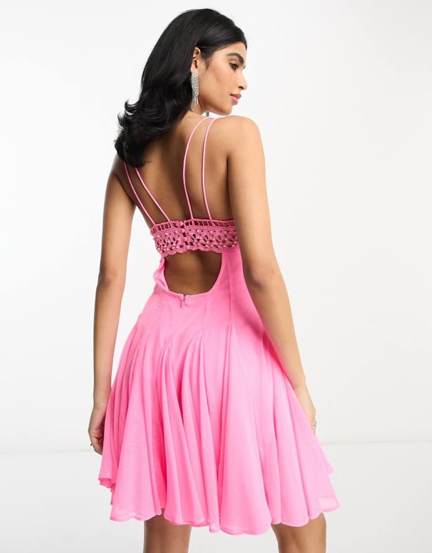 ASOS DESIGN embellished crochet cut out mini skater dress with godet in bright  pink