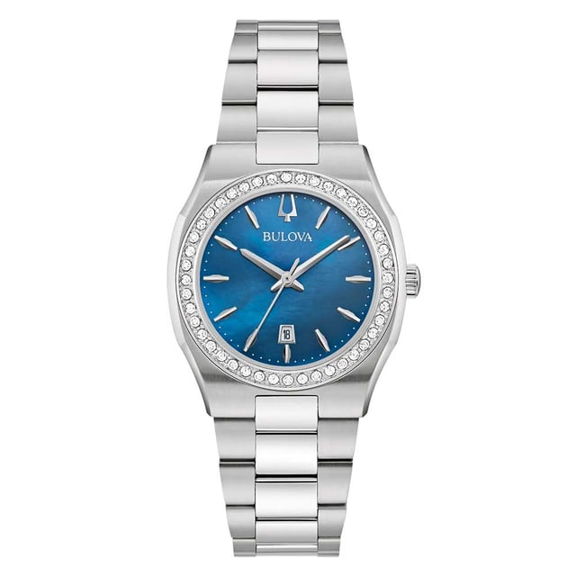 This Bulova Surveyor Analogue Watch for Women is the perfect timepiece to wear or to gift. It's Silver 31 mm Round case combined with the comfortable Silver Stainless steel watch band will ensure you enjoy this stunning timepiece without any compromise. Operated by a high quality Quartz movement and water resistant to 3 bars, your watch will keep ticking. A classic women's watch that will never go out of style from our Surveyor collection, with an added hint of sparkle. This Analogue watch features a calendar function: Date Premium Silver Stainless steel strap, measuring 19 cm in length and 18 mm in width, with a Deployment clasp. Case diameter: 31 mm,case thickness: 8 mm, case colour: Silver and dial colour: Blue