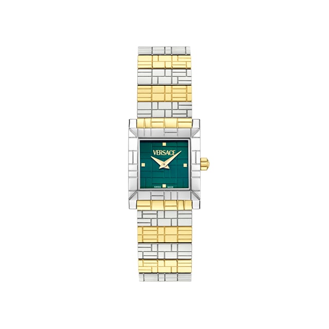 This Versace Mosaic Analogue Watch for Women is the perfect timepiece to wear or to gift. It's Silver  Rectangular case combined with the comfortable Multicolour Stainless steel watch band will ensure you enjoy this stunning timepiece without any compromise. Operated by a high quality Quartz movement and water resistant to 3 bars, your watch will keep ticking. Elegant and fashionable watch that is suitable for the daily life of every Women. This Analogue watch has a Swiss Made Movement High quality 19 cm length and 17 mm width Multicolour Stainless steel strap with a Deployment clasp Case measurement: 22 X 28 mm,case thickness: 7 mm, case colour: Silver and dial colour: Green