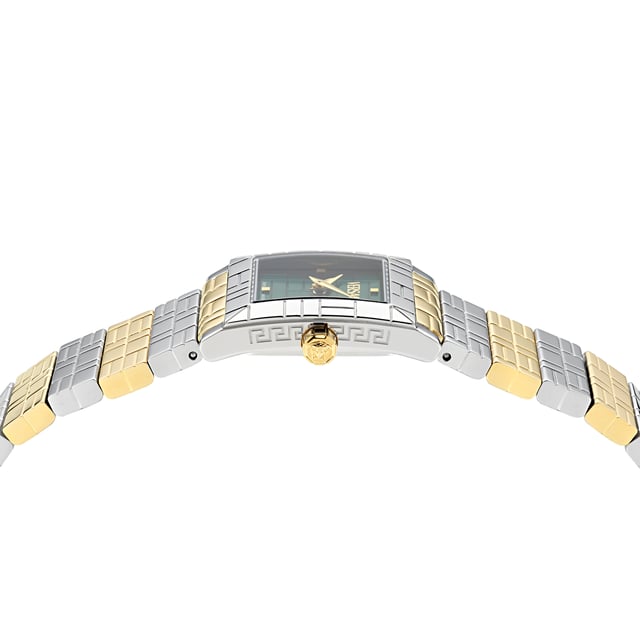 This Versace Mosaic Analogue Watch for Women is the perfect timepiece to wear or to gift. It's Silver  Rectangular case combined with the comfortable Multicolour Stainless steel watch band will ensure you enjoy this stunning timepiece without any compromise. Operated by a high quality Quartz movement and water resistant to 3 bars, your watch will keep ticking. Elegant and fashionable watch that is suitable for the daily life of every Women. This Analogue watch has a Swiss Made Movement High quality 19 cm length and 17 mm width Multicolour Stainless steel strap with a Deployment clasp Case measurement: 22 X 28 mm,case thickness: 7 mm, case colour: Silver and dial colour: Green