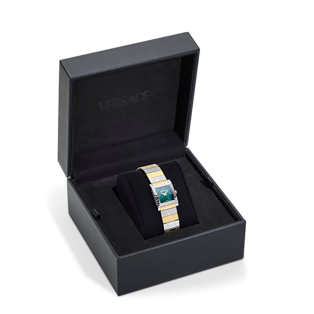 This Versace Mosaic Analogue Watch for Women is the perfect timepiece to wear or to gift. It's Silver  Rectangular case combined with the comfortable Multicolour Stainless steel watch band will ensure you enjoy this stunning timepiece without any compromise. Operated by a high quality Quartz movement and water resistant to 3 bars, your watch will keep ticking. Elegant and fashionable watch that is suitable for the daily life of every Women. This Analogue watch has a Swiss Made Movement High quality 19 cm length and 17 mm width Multicolour Stainless steel strap with a Deployment clasp Case measurement: 22 X 28 mm,case thickness: 7 mm, case colour: Silver and dial colour: Green