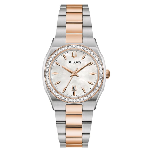 This Bulova Surveyor Analogue Watch for Women is the perfect timepiece to wear or to gift. It's Silver 31 mm Round case combined with the comfortable Multicolour Stainless steel watch band will ensure you enjoy this stunning timepiece without any compromise. Operated by a high quality Quartz movement and water resistant to 3 bars, your watch will keep ticking. This elegant, fashionable watch set with beautiful stones is a perfect gift for New Year, birthday,valentine's day and so on This Analogue watch has a Calendar function: Date High quality 19 cm length and 18 mm width a Multicolour Stainless steel strap with a Deployment clasp Case diameter: 31 mm,case thickness: 8 mm, case colour: Silver and dial colour: Mother of pearl