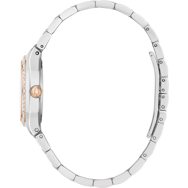 This Bulova Surveyor Analogue Watch for Women is the perfect timepiece to wear or to gift. It's Silver 31 mm Round case combined with the comfortable Multicolour Stainless steel watch band will ensure you enjoy this stunning timepiece without any compromise. Operated by a high quality Quartz movement and water resistant to 3 bars, your watch will keep ticking. This elegant, fashionable watch set with beautiful stones is a perfect gift for New Year, birthday,valentine's day and so on This Analogue watch has a Calendar function: Date High quality 19 cm length and 18 mm width a Multicolour Stainless steel strap with a Deployment clasp Case diameter: 31 mm,case thickness: 8 mm, case colour: Silver and dial colour: Mother of pearl