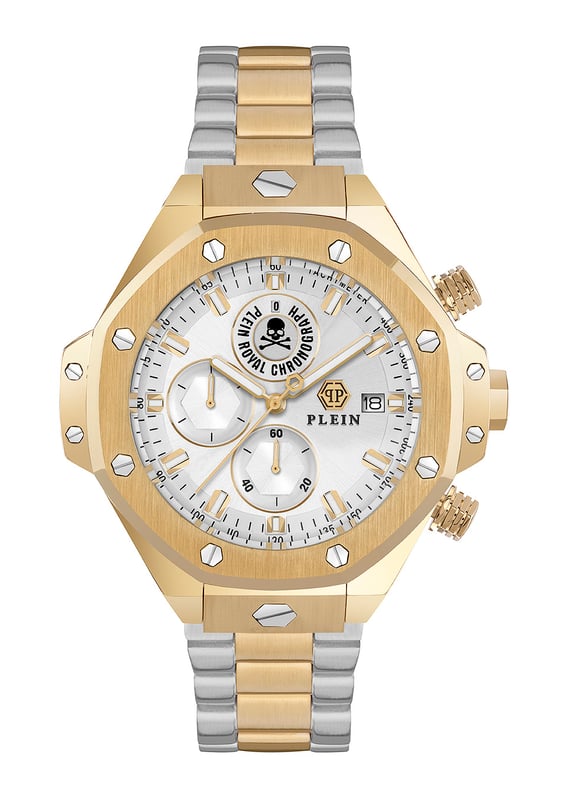 This Philipp Plein Plein Chrono Royal Chronograph Watch for Men is the perfect timepiece to wear or to gift. It's Multicolour 46 mm Round case combined with the comfortable Multicolour Stainless steel watch band will ensure you enjoy this stunning timepiece without any compromise. Operated by a high quality Quartz movement and water resistant to 5 bars, your watch will keep ticking. Plein Chrono Royal 46 mm relits its dominance this season. This Chronograph watch has a calendar function: Date as well as Stop Watch , Luminous Hands and Luminous Numbers High quality 21 cm length and 17 mm width Multicolour Stainless steel strap with a Deployment clasp Case diameter: 46 mm,case thickness: 13 mm, case colour: Multicolour and dial colour: Silver