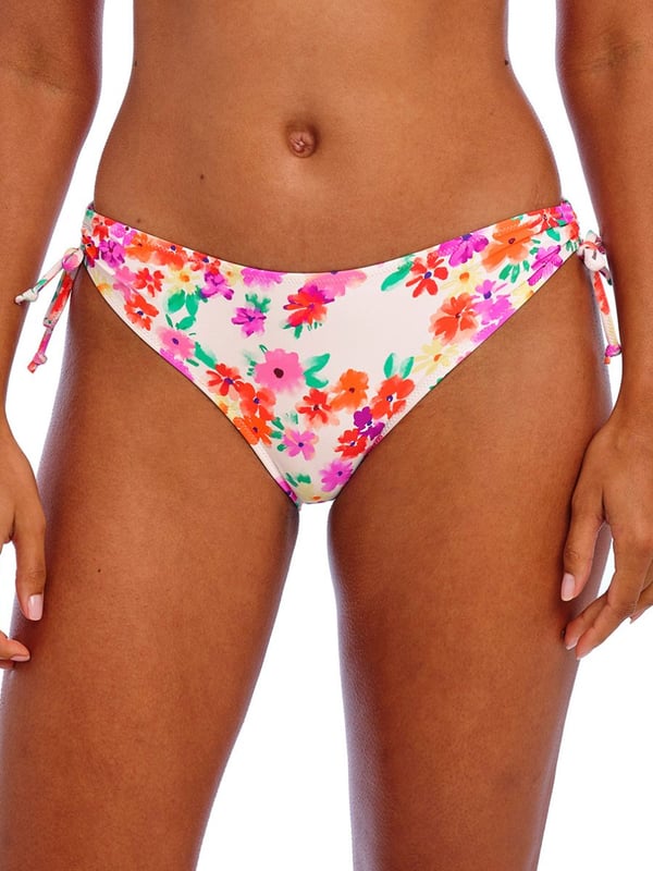 Freya Summer Soul Bikini Brief. Floral print mid rise swim bottom with adjustable side ties for adjustable leg coverage. This product is recommended to be washed on a gentle wash cycle.