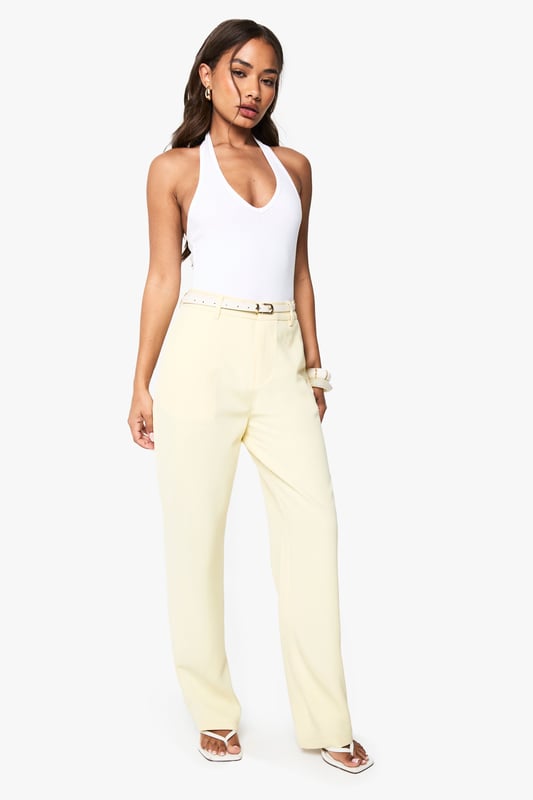 Slim-fit design with a flattering straight leg silhouette
        Sleek belt loops with a thin belt detail for a polished finish
        High-rise waistband for a figure-enhancing fit
        Smooth fabric with slight stretch for all-day comfort
        Clean-cut trouser styling perfect for versatile day-to-night wear
    
    These sophisticated straight-leg trousers from boohoo combine contemporary style with effortless versatility. The slim fit contours your silhouette whilst the straight leg offers a timeless appeal that works brilliantly for evening occasions. Style them as shown with a halterneck bodysuit and strappy heels for a chic night out ensemble, or pair with a cropped blazer and statement jewellery to command attention at after-work drinks. The clean lines and minimalist design make these trousers an essential foundation piece for your going-out wardrobe. Their subtle elegance allows for endless styling possibilities-dress them up with a sequined top for club nights or keep it understated with a silky camisole for cocktails with friends. These trousers transition seamlessly from early evening gatherings to late-night dancing.