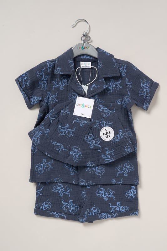 This outfit set from Lily and Jack includes a muslin shirt, shorts, and a bucket hat, all featuring a fun all-over print. Light, breathable, and stylish, this set is perfect for keeping your little one cool and cute on sunny days, with a coordinated look for effortless dressing.