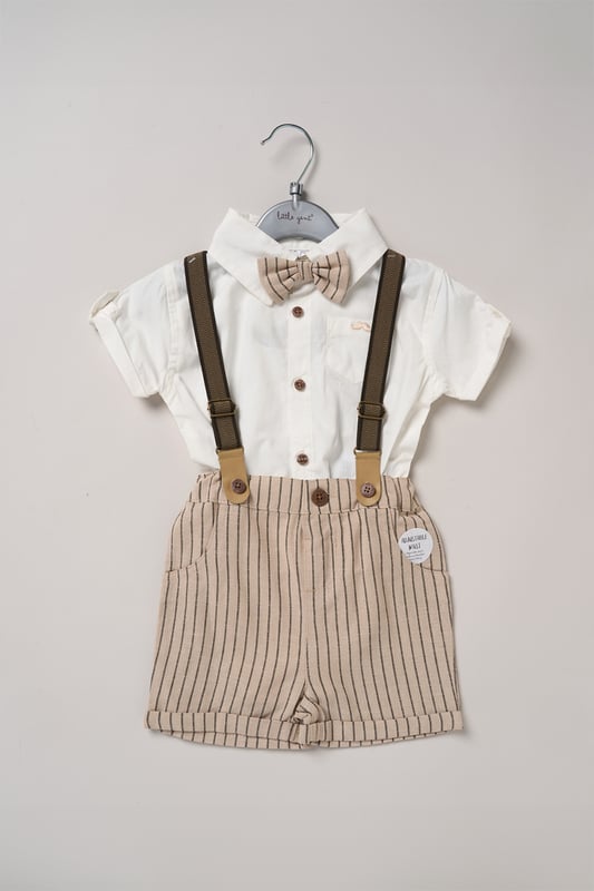 Dress your little one to impress with this delightful set from Little Gent. Featuring a shirt, bowtie, and shorts with attached braces. Perfect for special occasions or stylish outings, your little one will look effortlessly dapper and be ready to steal the spotlight!