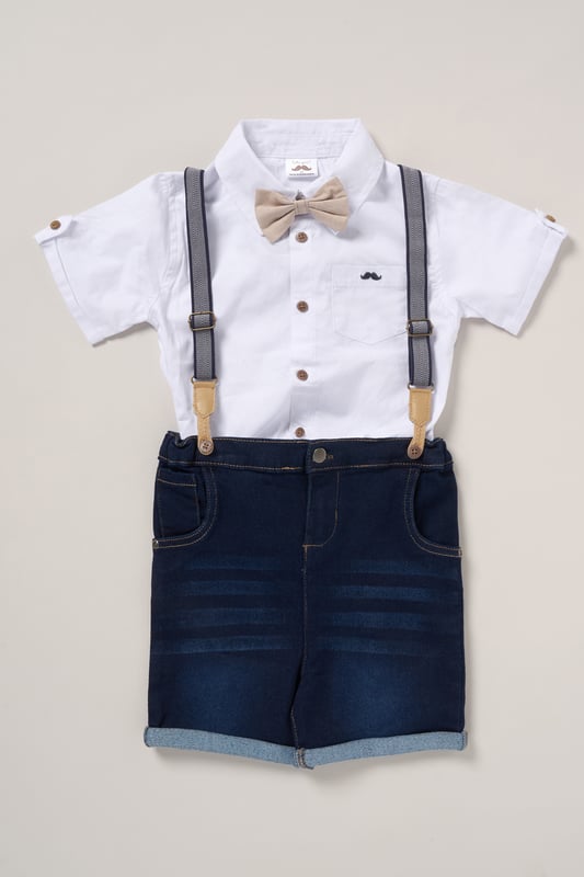 Dress your little one to impress with this delightful set from Little Gent. Featuring a shirt, bowtie, and shorts with attached braces. Perfect for special occasions or stylish outings, your little one will look effortlessly dapper and be ready to steal the spotlight!