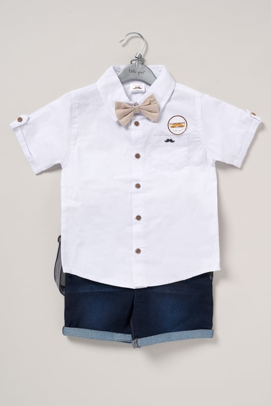Dress your little one to impress with this delightful set from Little Gent. Featuring a shirt, bowtie, and shorts with attached braces. Perfect for special occasions or stylish outings, your little one will look effortlessly dapper and be ready to steal the spotlight!