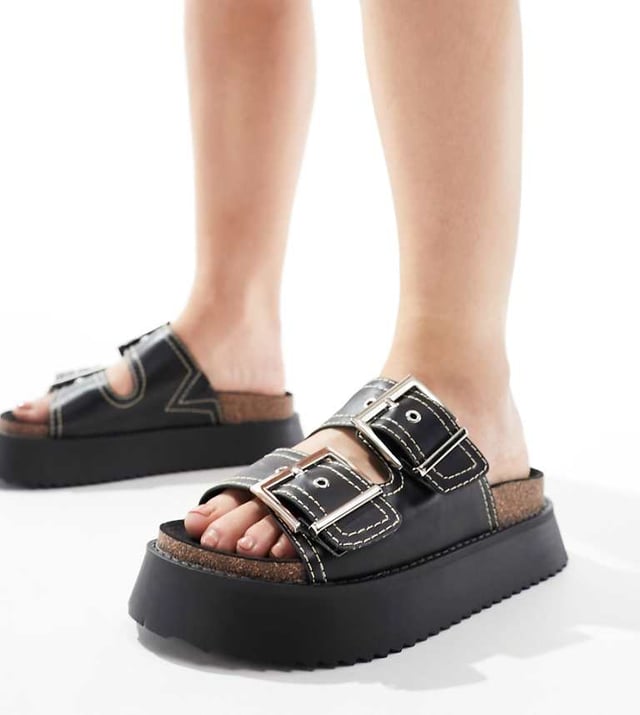 ASOS DESIGN Wide Fit Firecracker double strap footbed flat sandals in black