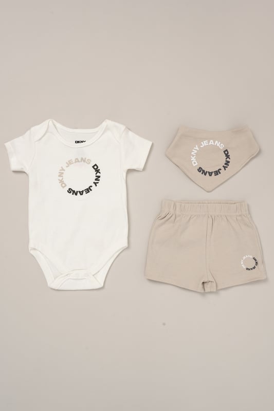 Designed for sunny days and busy babies, this 3-piece set from DKNY includes a cotton bodysuit, comfy shorts and a coordinating bib. A great go-to for playdates and mealtimes, it offers soft comfort and cute style in one. 100% cotton.