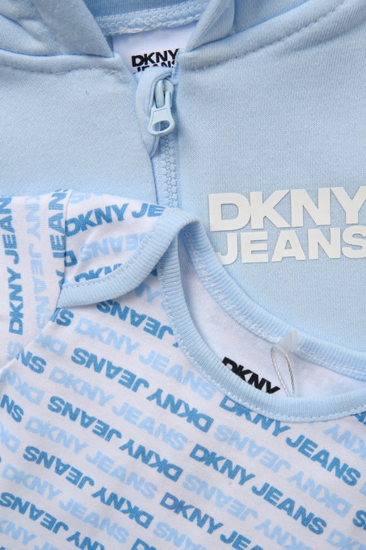 Designed for warmer days, this 3-piece set from DKNY includes a soft short sleeve bodysuit, lightweight cotton-blend leggings, and a sleeveless hooded gilet - perfect for layering through Spring and Summer. Whether you're heading out or staying in, it’s a comfy, breathable choice for everyday wear.