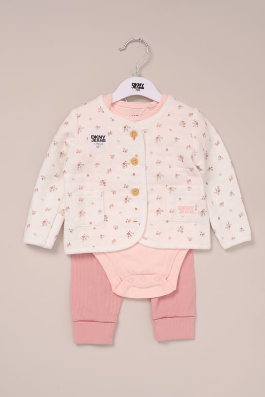 This soft and breathable 3-piece set from DKNY includes comfy cotton blend trousers, a short-sleeve bodysuit, and a coordinating cardigan - perfect for layering through Spring and Summer. Whether you're heading out or staying in, it’s a versatile everyday outfit for little ones.