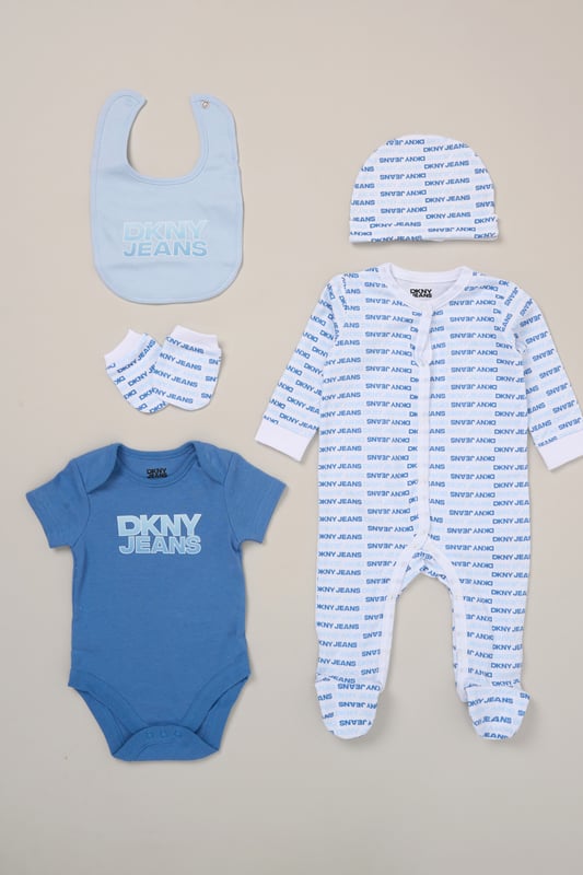 The perfect gift or everyday essential, this 5-piece set from DKNY includes a cosy all-in-one, soft bodysuit, matching hat, mittens and bib. The cotton rich blend is gentle on delicate skin and ideal for layering during cooler months. A complete outfit for your little one.