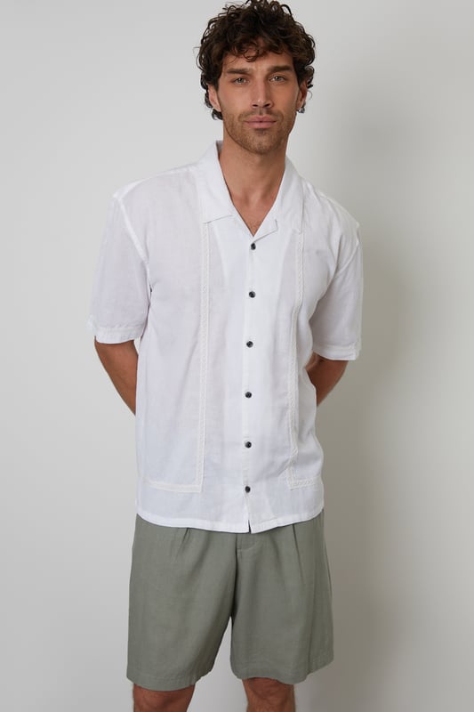 Elevate your holiday wardrobe with this cotton and linen blend short-sleeve shirt from Threadbare. Designed for the modern trendsetter, this relaxed-fit shirt has a revere collar and is made from a lightweight cotton linen blend fabric perfect for the warmer weather. With crochet lace detailing on the trims for an elevated look. Wear with chino shorts and sandals for a relaxed holiday look, or smarten it up with a pair of linen blend trousers.