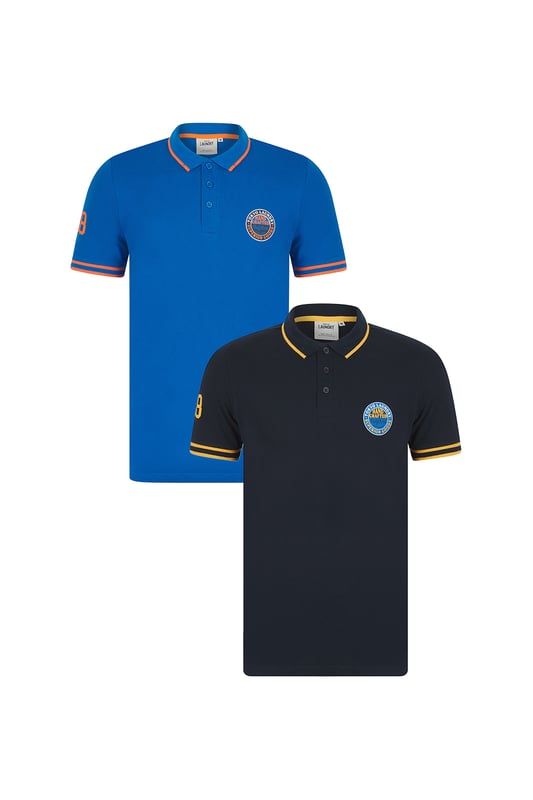 Navy Cotton Short Sleeve Button-Up Polo Shirt This Tokyo Laundry polo shirt features a cotton pique blend for comfort and breathability. With a stylish logo badge on the chest, tipping under the collar, and a unique sleeve print, it combines modern design and quality for a versatile, casual look. Perfect for everyday wear.