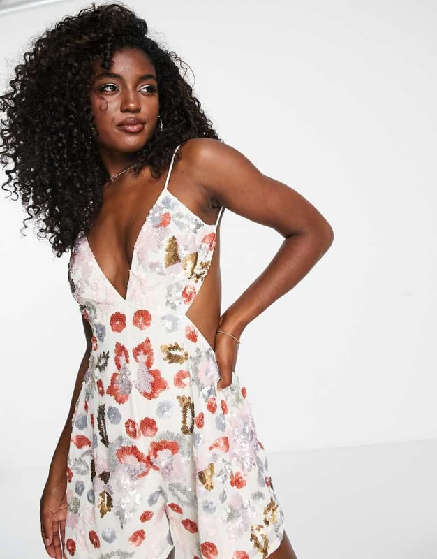 Playsuit by Miss Selfridge No need for a dress to impress Floral embellishment Plunge neck Cami straps Open back Regular fitSold By: Asos
