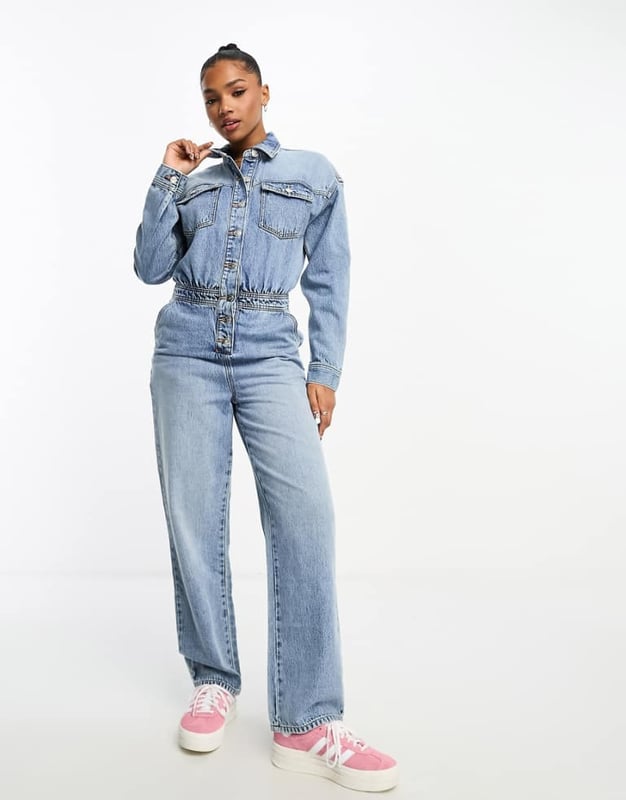 Jumpsuits & Playsuits by Miss Selfridge Your no effort, effort-maker Spread collar Partial button placket Long sleeves Functional pockets Straight leg Regular fitSold By: Asos