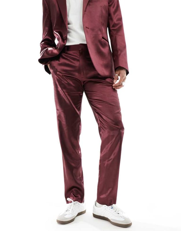 ASOS DESIGN skinny satin suit trouser in burgundy-Red Trousers & Chinos by ASOS DESIGN You choose the occasion Regular rise Belt loops Functional pockets Skinny fitSold By: Asos
