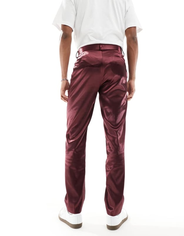 ASOS DESIGN skinny satin suit trouser in burgundy-Red Trousers & Chinos by ASOS DESIGN You choose the occasion Regular rise Belt loops Functional pockets Skinny fitSold By: Asos