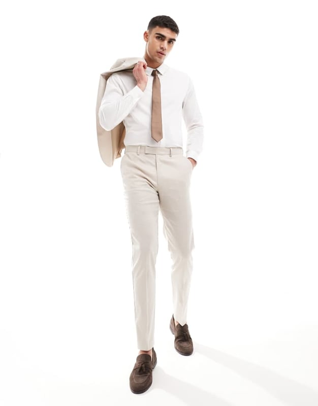 ASOS DESIGN slim linen blend suit trousers in stone-Neutral Trousers & Chinos by ASOS DESIGN Do the smart thing Regular rise Belt loops Functional pockets Slim fitSold By: Asos