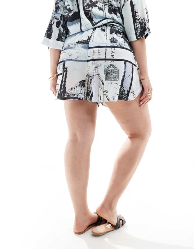 Shorts by ASOS Curve Part of a co-ord set Shirt sold separately Newspaper print High rise Elasticated drawstring waist Regular fitSold By: Asos