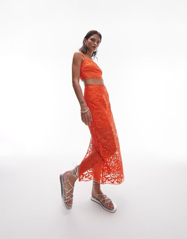 chinese dress ladies Fortune Lace Trim Mesh Midi Dress Orange main image 0