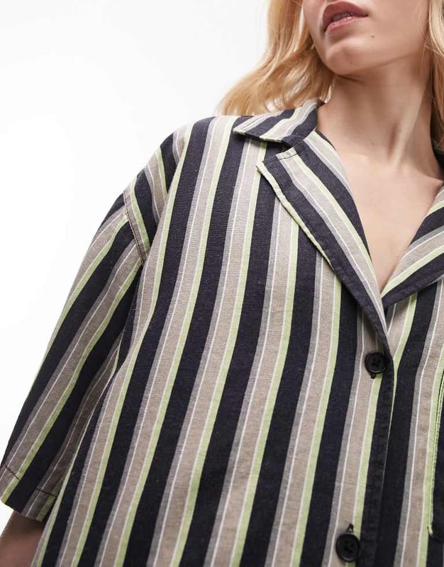 Tops by Topshop Part of a co-ord set Trousers sold separately Revere collar Button placket Short sleeves Oversized fitSold By: Asos