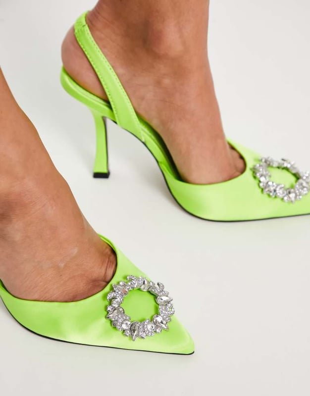 ASOS DESIGN Poppy embellished slingback high heeled shoes in lime-Green
