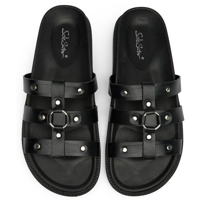 Zwarte Solesister sandalen voor dames met honingkleurig voetbed, gemaakt van synthetisch materiaal en een synthetische zool. Uitgerust met een ronde neus en een synthetische voering en binnenzool.