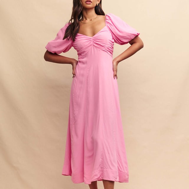 Women's Nobodys Child Peony Midaxi Dress. Show up in style. This summer-infused dress comes in a pale pink. We’re obsessed with this trending shade right now inspired by peony flowers. Finish yours with gold jewellery for that event you’ve got coming up.- Sweetheart neck.- Short puff sleeves.- Concealed zip fastening.- A-line skirt that skims the body.- Lightly lined so the fabric falls beautifully. Material: 65% Ecovero™ Viscose, 35% Viscose. Ref: D241431PNK.