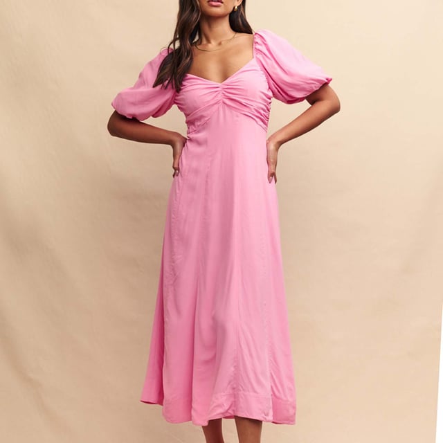 Women's Nobodys Child Peony Midaxi Dress. Show up in style. This summer-infused dress comes in a pale pink. We’re obsessed with this trending shade right now inspired by peony flowers. Finish yours with gold jewellery for that event you’ve got coming up.- Sweetheart neck.- Short puff sleeves.- Concealed zip fastening.- A-line skirt that skims the body.- Lightly lined so the fabric falls beautifully. Material: 65% Ecovero™ Viscose, 35% Viscose. Ref: D241431PNK.