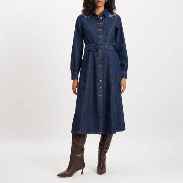 Women's Nobodys Child Pase Floral Embroidered Midi Dress. The dress that does it all. This embroidered denim shirt dress will add a touch of western charm to your wardrobe. We love its button front, long sleeves and flattering belt. Turn around to show off the back embroidery. We’re wearing ours with boots.- Collar Long sleeves.- Belted.- Fit and flare cut.- Bronze-tone NC buttons.- Size tip: we recommend your usual size. Material: 100% Organic Cotton. Ref: D242593BLU.