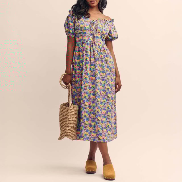 Women's Nobodys Child Genevieve Floral Midi Dress. Off-the-shoulder and into your basket. Made entirely from responsible viscose, Genevieve’s a vibrant floral print dress that’s all about detail. The puff sleeves pull down and can be worn as a Bardot. Subtle ruffles are accompanied by a corset-inspired waistline with string ties. Elevate yours with gold jewellery.- Off-the-shoulder style.- Short puff sleeves.- String ties.- Concealed zip fastening.- Shirred back for comfort.- Bodice lined.- A-line skirt that skims the body. Material: 100% Ecovero™ Viscose. Ref: D240965MLT.