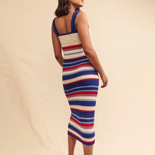 Women's Nobodys Child Fearne Cotton Stripe Midi Dress. The collaboration you’ve all been waiting for is back: Nobody’s Child x Happy Place by Fearne Cotton. Like a ray of wearable sunshine, this collection beams with joy. We’re obsessed with this mock crochet midi for summer. It comes in red, blue and cream and is perfect to throw on over a bikini for that pool day you’ve got planned or a day in the old town. Elevate yours with barely-there sandals or dial the look down with your favourite beach bag.- Thick straps.- Crochet style.- Machine knitted.- Designed for a close cut. Material: 100% Organic Cotton. Ref: D241099MLT.