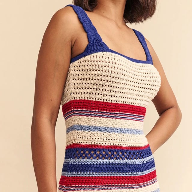 Women's Nobodys Child Fearne Cotton Stripe Midi Dress. The collaboration you’ve all been waiting for is back: Nobody’s Child x Happy Place by Fearne Cotton. Like a ray of wearable sunshine, this collection beams with joy. We’re obsessed with this mock crochet midi for summer. It comes in red, blue and cream and is perfect to throw on over a bikini for that pool day you’ve got planned or a day in the old town. Elevate yours with barely-there sandals or dial the look down with your favourite beach bag.- Thick straps.- Crochet style.- Machine knitted.- Designed for a close cut. Material: 100% Organic Cotton. Ref: D241099MLT.