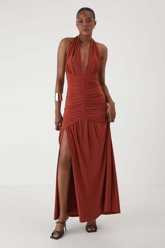 Halter Neck Plunge Ruched High Split Maxi Dress Halter Neck Plunge Ruched High Split Maxi Dress