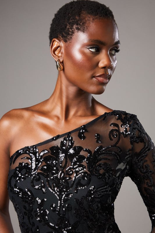 One Shoulder Maxi Dress In Lace With Cape Sleeve
