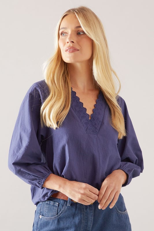 Elegant V-neckline with delicate ruffle trim detailing
        Relaxed overhead design for effortless styling
        Soft cotton fabric ensures all-day comfort
        Versatile three-quarter length balloon sleeves
        Flattering petite fit, perfect for smaller frames
    
    This charming Wallis ruffle overhead shirt combines sophisticated style with everyday comfort. The delicate ruffle trim along the V-neckline adds a feminine touch to this versatile piece, while the relaxed silhouette ensures a flattering fit for various body types. Style it as shown with wide-leg denim and trainers for casual weekend brunches, or tuck it into tailored trousers with ballet flats for family gatherings. The lightweight cotton construction makes it ideal for layering under cardigans during cooler months or wearing alone during warmer days. Perfect for daytime occasions when you want to look polished yet comfortable, this shirt will quickly become a wardrobe staple that transitions seamlessly from shopping trips to casual lunch dates with friends.