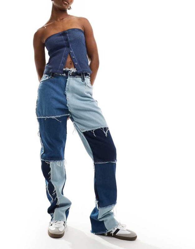 Jeans by Jaded London Denim that does the talking Boyfriend fit Patchwork design Mid rise Belt loops Five pockets Distressed finishSold By: Asos
