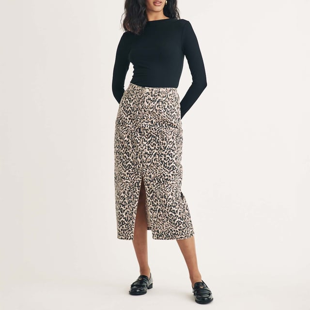 Womens Nobody's Chile Leopard Print Denim Column Midi Skirt in brownEveryone’s favourite neutral. This leopard print denim column skirt is soon-to-be trending. Sitting high on the waist with a fitted shape that skims the figure  plus a front slit  this is comfort with a stylish twist. We’re wearing ours with a black top and loafers.- Classic five pocket style- Silver-tone NC buttons- Belt loops- Size tip: we recommend your usual size- 100% Organic cotton.  Machine washable.- Ref: B250125BRN