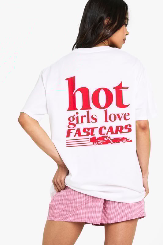Oversized fit for ultimate comfort and relaxed styling
        Bold back graphic print makes a statement
        Short sleeves with dropped shoulders for a contemporary silhouette
        Crafted from soft cotton for breathable all-day wear
        Versatile round neckline suits various styling options
    
    Make a cheeky statement in this eye-catching oversized tee from Boohoo. The relaxed silhouette creates an effortlessly cool vibe that's perfect for casual outings. Style it with shorts as shown for warm-weather adventures, or pair with your favourite denim and trainers for an everyday look. For a touch of edge, try a half-tuck into high-waisted jeans with chunky boots. This versatile piece transitions seamlessly from daytime coffee runs to casual meet-ups with mates. Layer under a denim jacket when the temperature drops or throw on with cycling shorts for an on-trend athleisure ensemble. The playful back graphic adds personality to even the simplest outfit combinations, making this tee a standout addition to your casual wardrobe.
